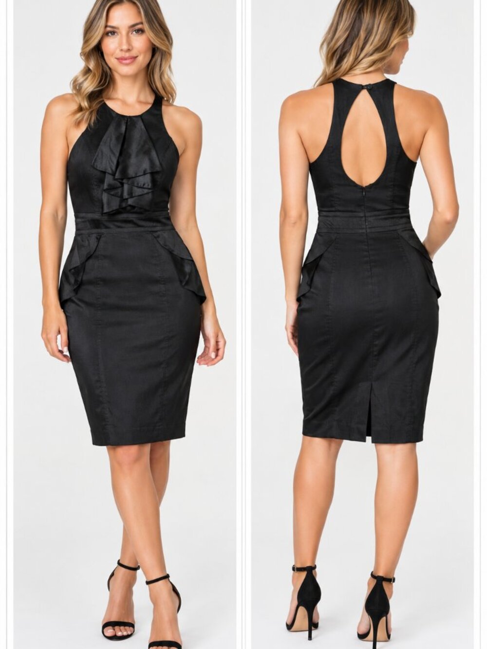 Bebe Black Ruffle Cocktail Dress Size 2 Keyhole Back Bodycon Sheath